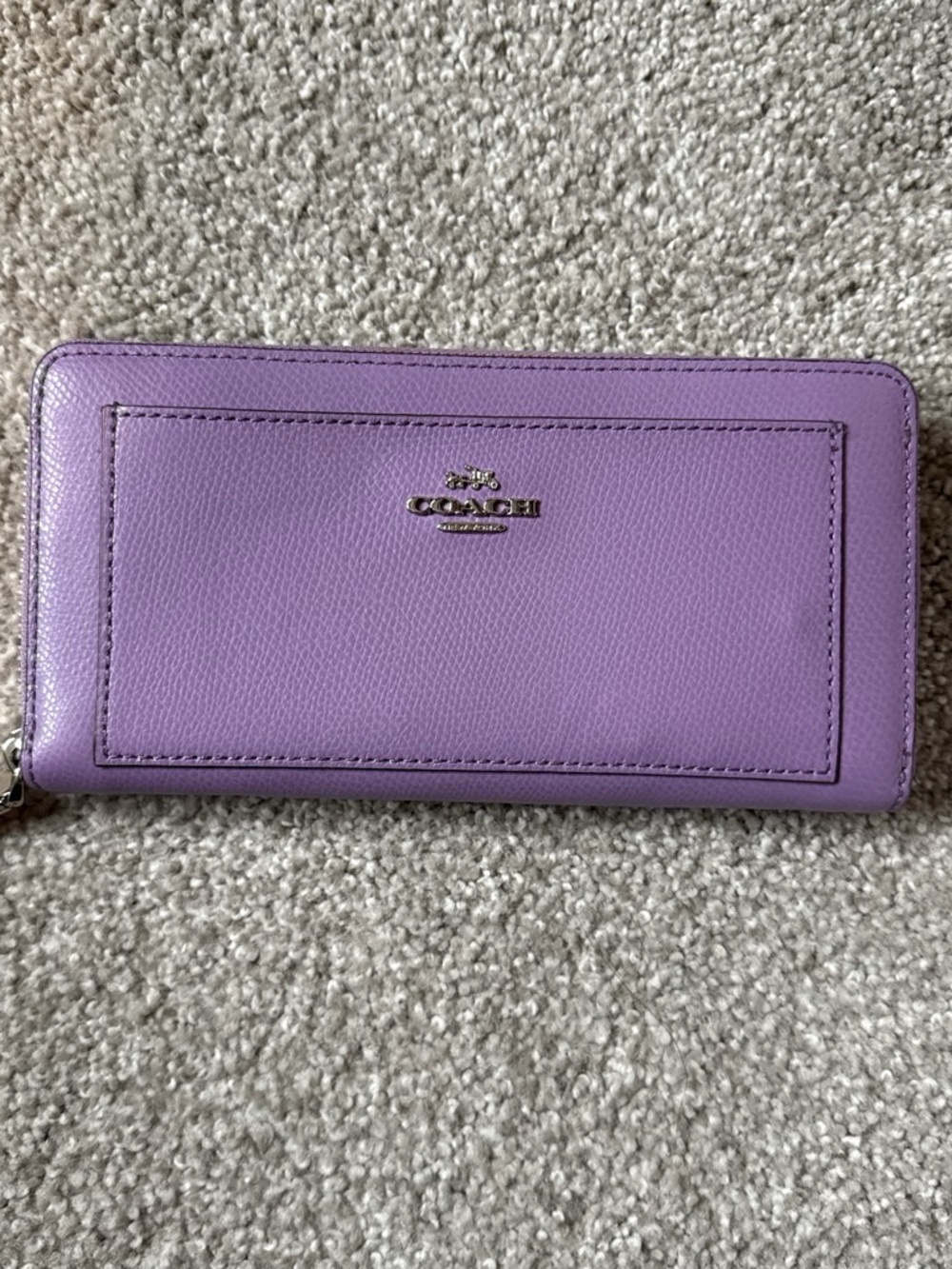 Coach Lavender Zip-Around Leather Wallet with Signature Plaque